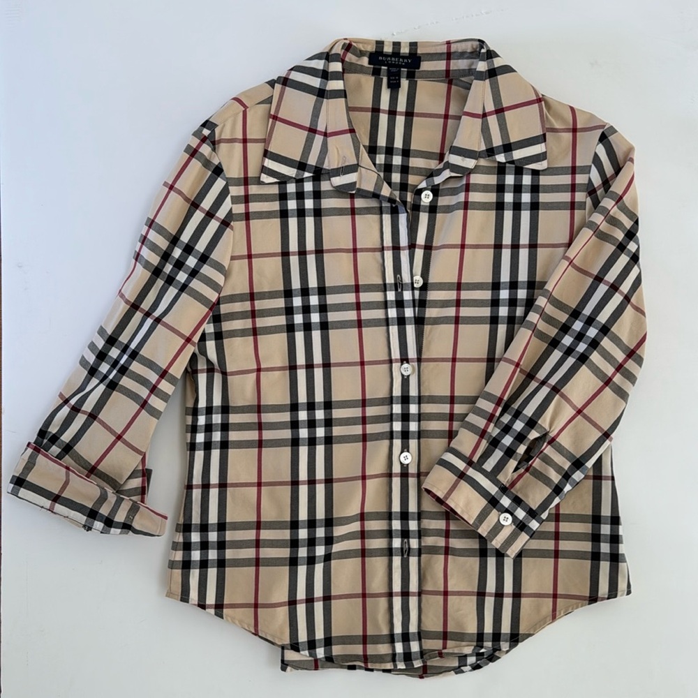 Burberry Shirt Checked 3/4 Sz 8 Button Down Top Women’s